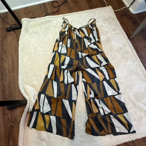 Anthropologie Wide-Leg Jumpsuit Brown White Black Motif Size M NWT - Picture 4 of 11